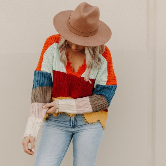 HOST PICK MULTI COLORED STRIPED DISTRESSED SWEATER - Picture 2 of 8